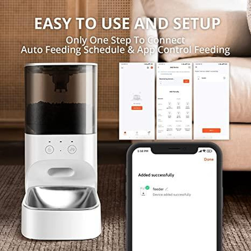 Fluffydream Pet Feeder,4L Automatic Cat Feeder with APP Control,30S Voice Recorder,2.4G Wi-Fi Enabled,Food Grade Stainless Steel Bowl,Pet Lock Safe Reliable,Dual Power Automatic Cat Feeder, White