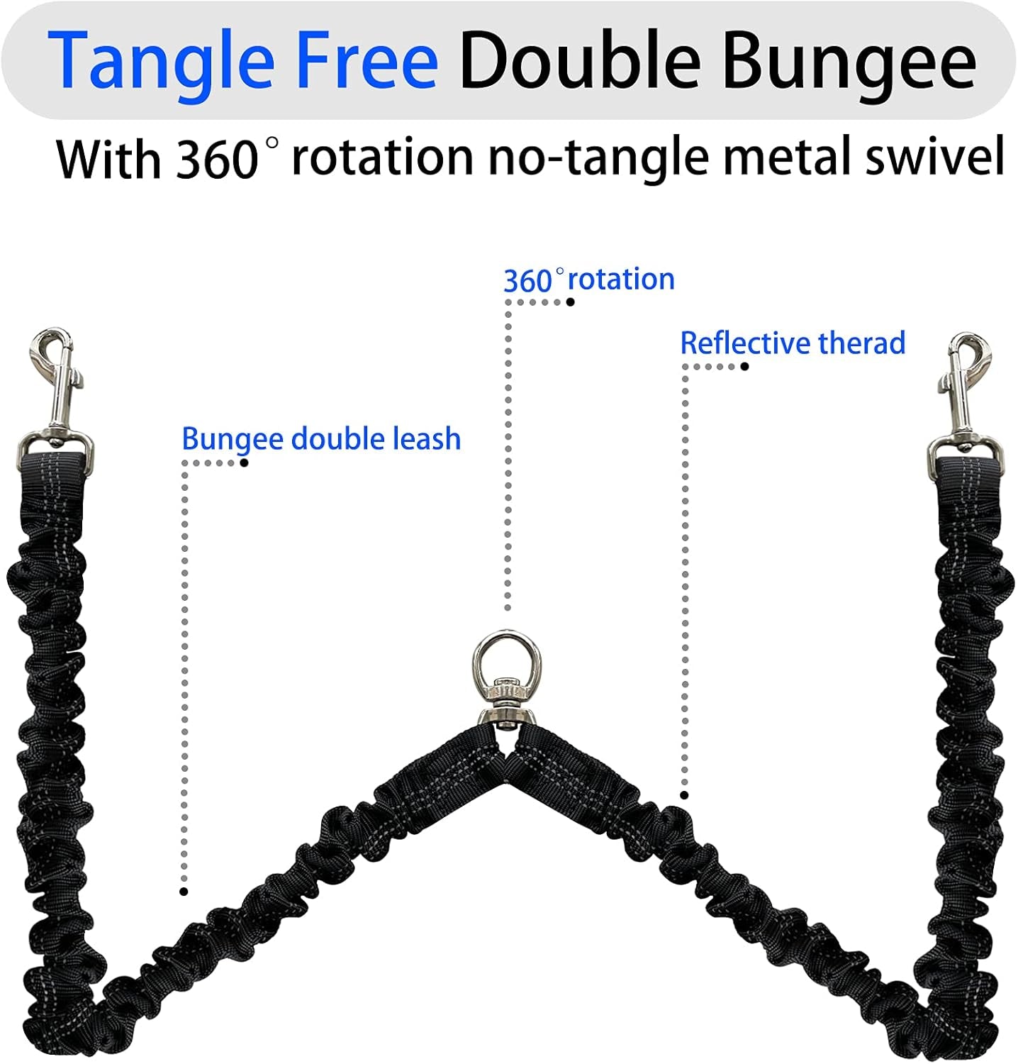 Dual Dog Leash, Double Leash for 2 Dogs Tangle Free Two Dogs Leash 360° Swivel No Tangle Bungee Reflective Double Leash for Medium Large Dogs Walking Training (Black+Blue)