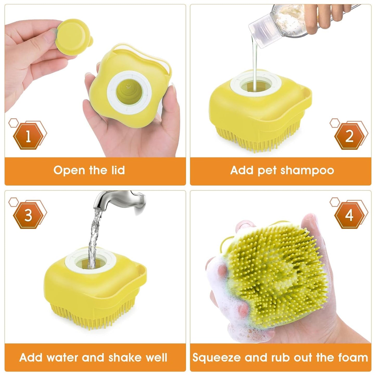 Dog Cat Bath Brush, Dog Shampoo Brush Silicone Puppy Massage Brush Hair Fur Grooming Cleaning Brush Soft Shampoo Dispenser (Yellow New)