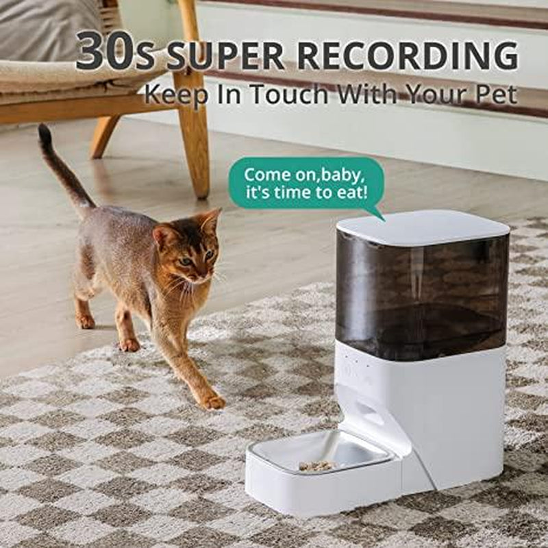 Fluffydream Pet Feeder,4L Automatic Cat Feeder with APP Control,30S Voice Recorder,2.4G Wi-Fi Enabled,Food Grade Stainless Steel Bowl,Pet Lock Safe Reliable,Dual Power Automatic Cat Feeder, White