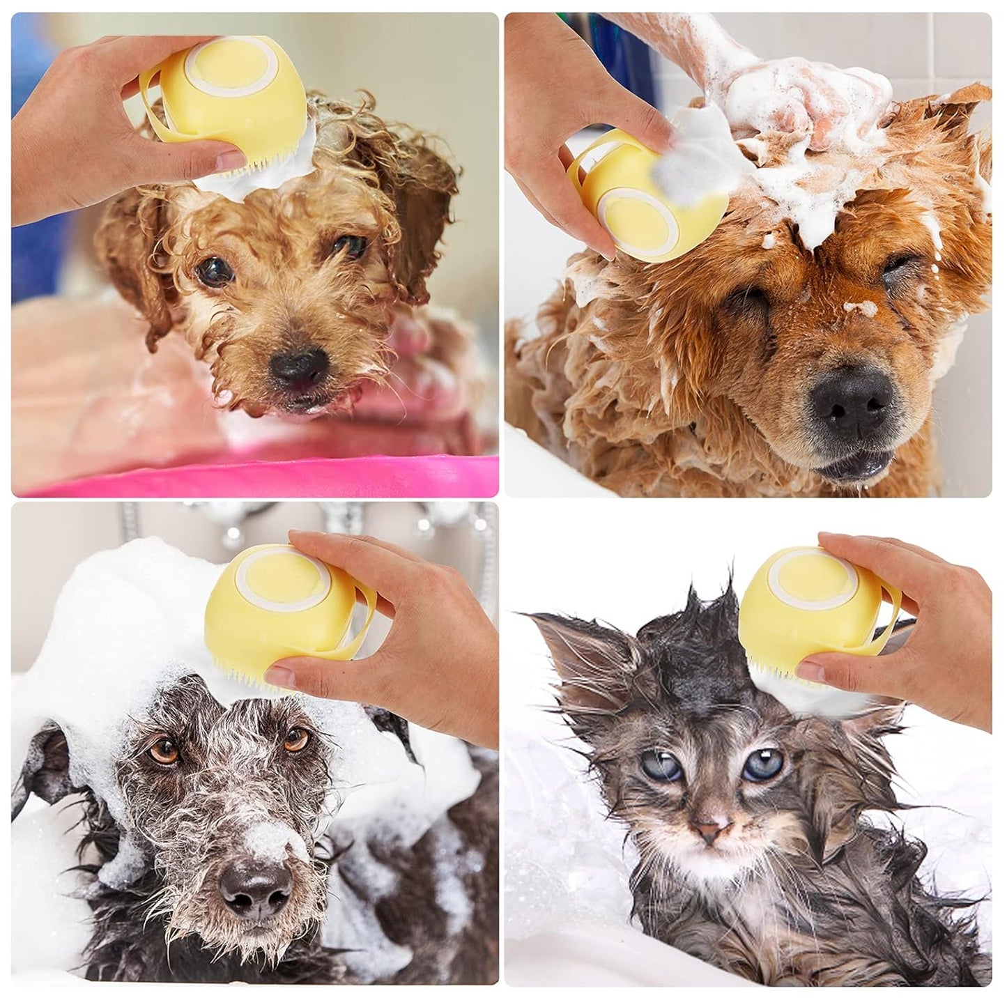 Dog Cat Bath Brush, Dog Shampoo Brush Silicone Puppy Massage Brush Hair Fur Grooming Cleaning Brush Soft Shampoo Dispenser (Yellow New)