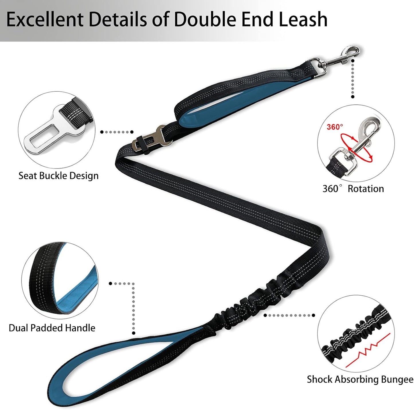 Dual Dog Leash, Double Leash for 2 Dogs Tangle Free Two Dogs Leash 360° Swivel No Tangle Bungee Reflective Double Leash for Medium Large Dogs Walking Training (Black+Blue)