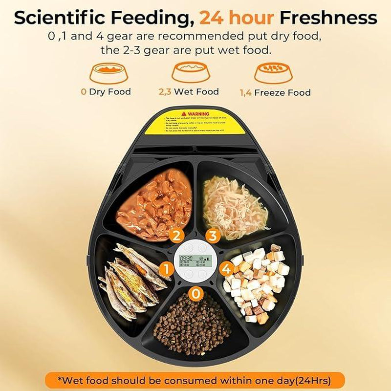 Ubpet Automatic Cat Feeder for Wet & Dry Food, 5-Meal Digital Dispenser with Semiconductor Cooling, 3 Cooling Modes, 24-Hour Freshness, Timed Feeding for Cats & Dogs