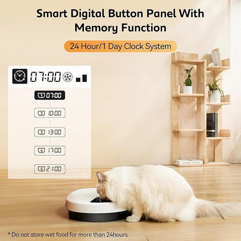 Ubpet Automatic Cat Feeder for Wet & Dry Food, 5-Meal Digital Dispenser with Semiconductor Cooling, 3 Cooling Modes, 24-Hour Freshness, Timed Feeding for Cats & Dogs