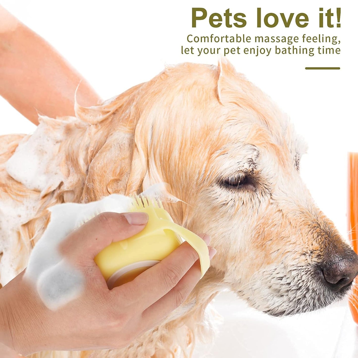 Dog Cat Bath Brush, Dog Shampoo Brush Silicone Puppy Massage Brush Hair Fur Grooming Cleaning Brush Soft Shampoo Dispenser (Yellow New)