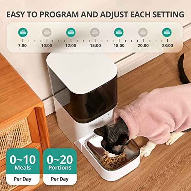 Fluffydream Pet Feeder,4L Automatic Cat Feeder with APP Control,30S Voice Recorder,2.4G Wi-Fi Enabled,Food Grade Stainless Steel Bowl,Pet Lock Safe Reliable,Dual Power Automatic Cat Feeder, White