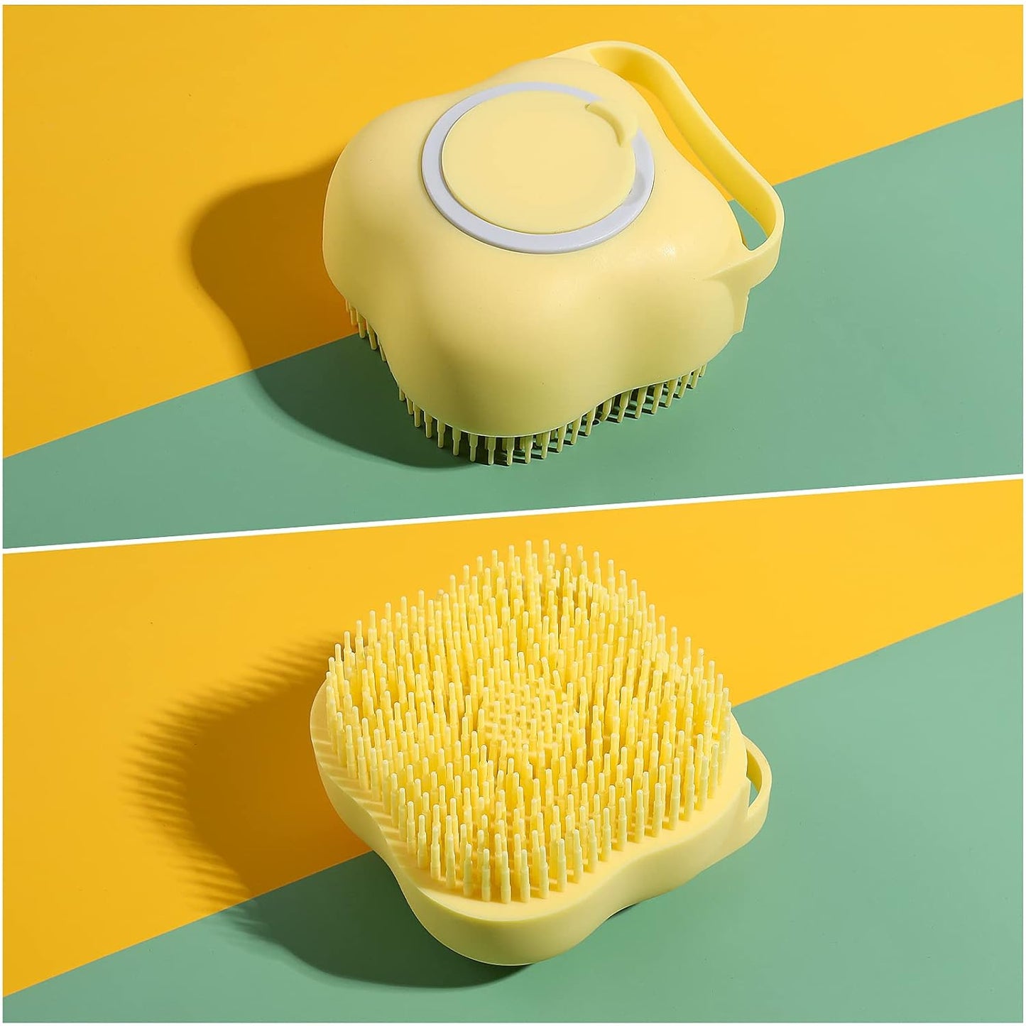 Dog Cat Bath Brush, Dog Shampoo Brush Silicone Puppy Massage Brush Hair Fur Grooming Cleaning Brush Soft Shampoo Dispenser (Yellow New)