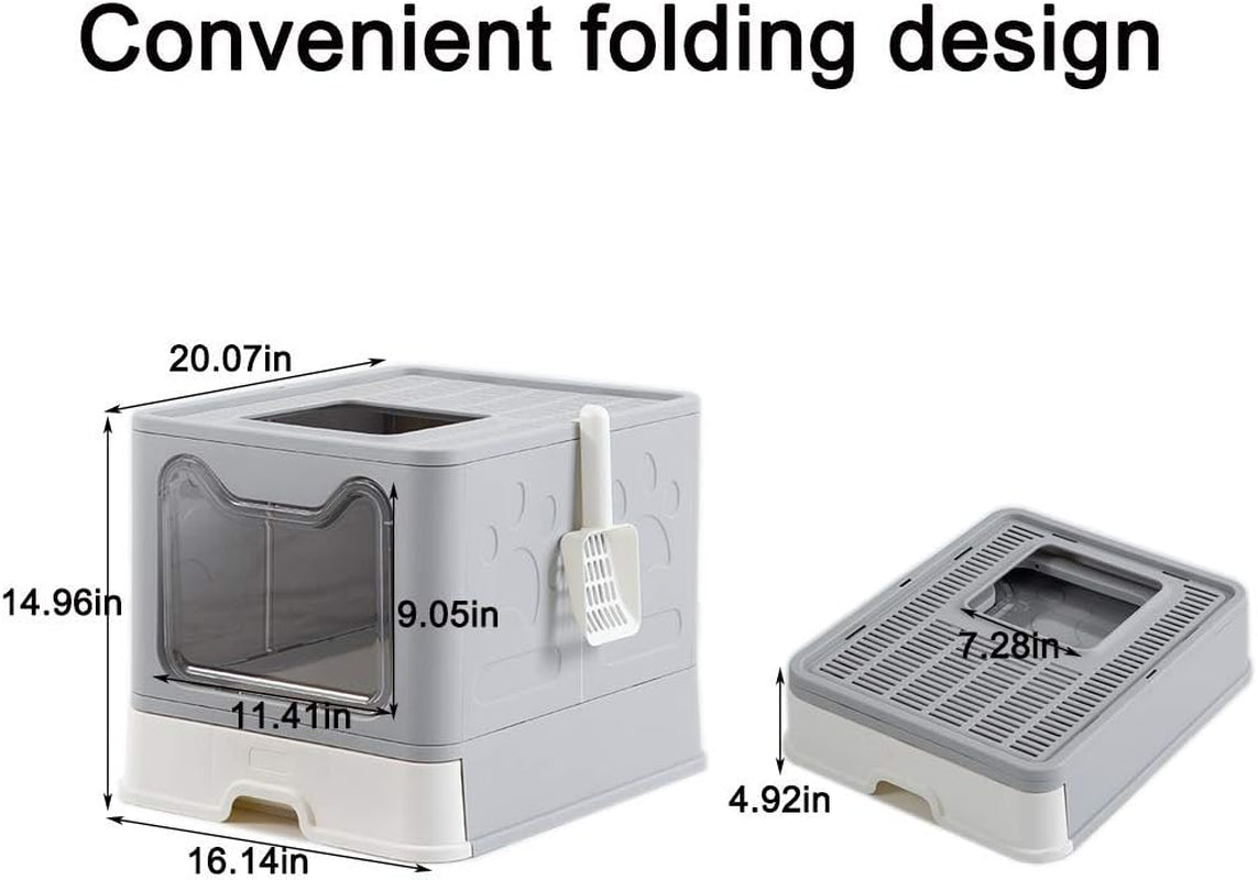 Foldable Cat Litter Box - Top Entry/Front Entry Large Enclosed Litter Box with Cat Litter Scoop, Gray